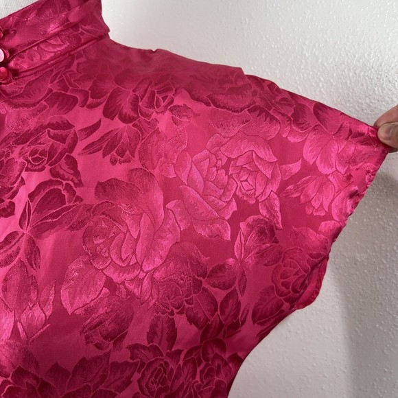 Greenwich Square Button Down Top Women 11/12 Pink Floral Embossed Satin Mandarin - Picture 10 of 13